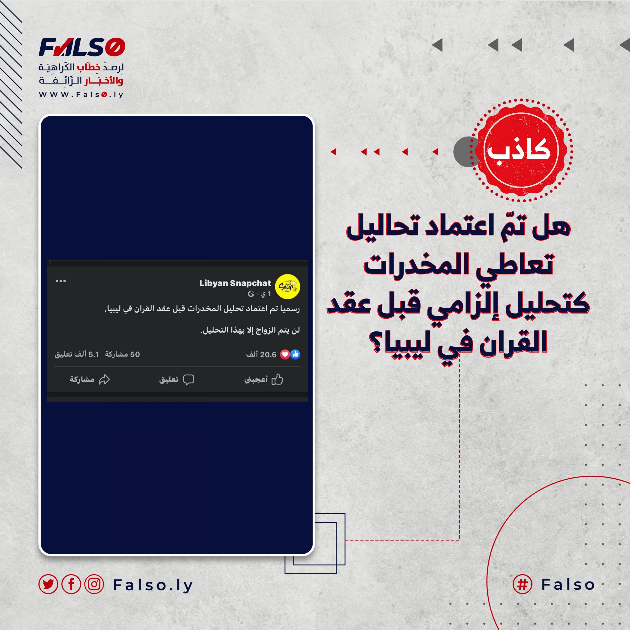 عدم نشر أي قرار يُلزم بتحاليل الكشف عن تعاطي المخدرات قبل عقد القران ما أوضح أن الادعاء كاذب