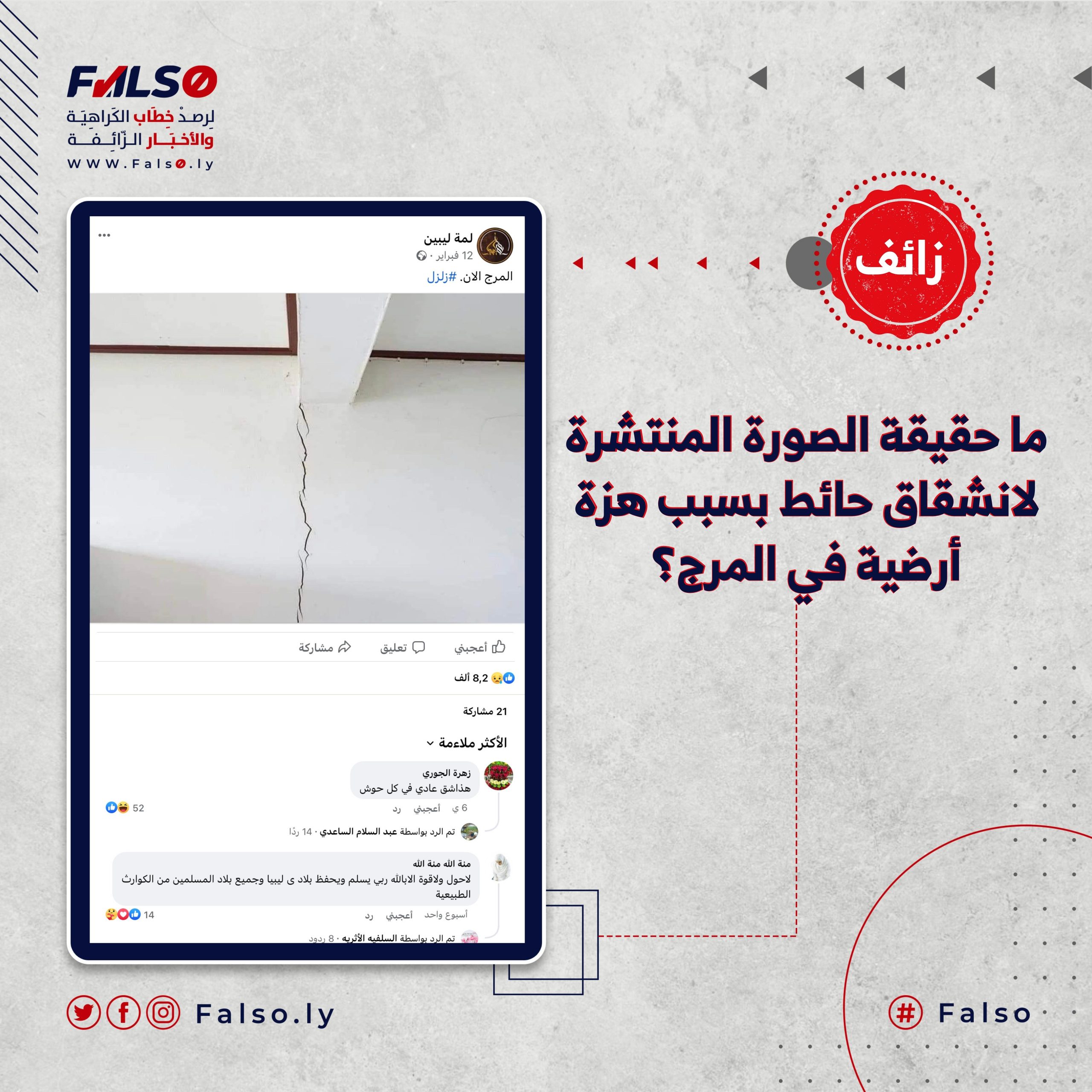 ما حقيقة الصورة المنتشرة لانشقاق حائط بسبب هزة أرضية في المرج؟