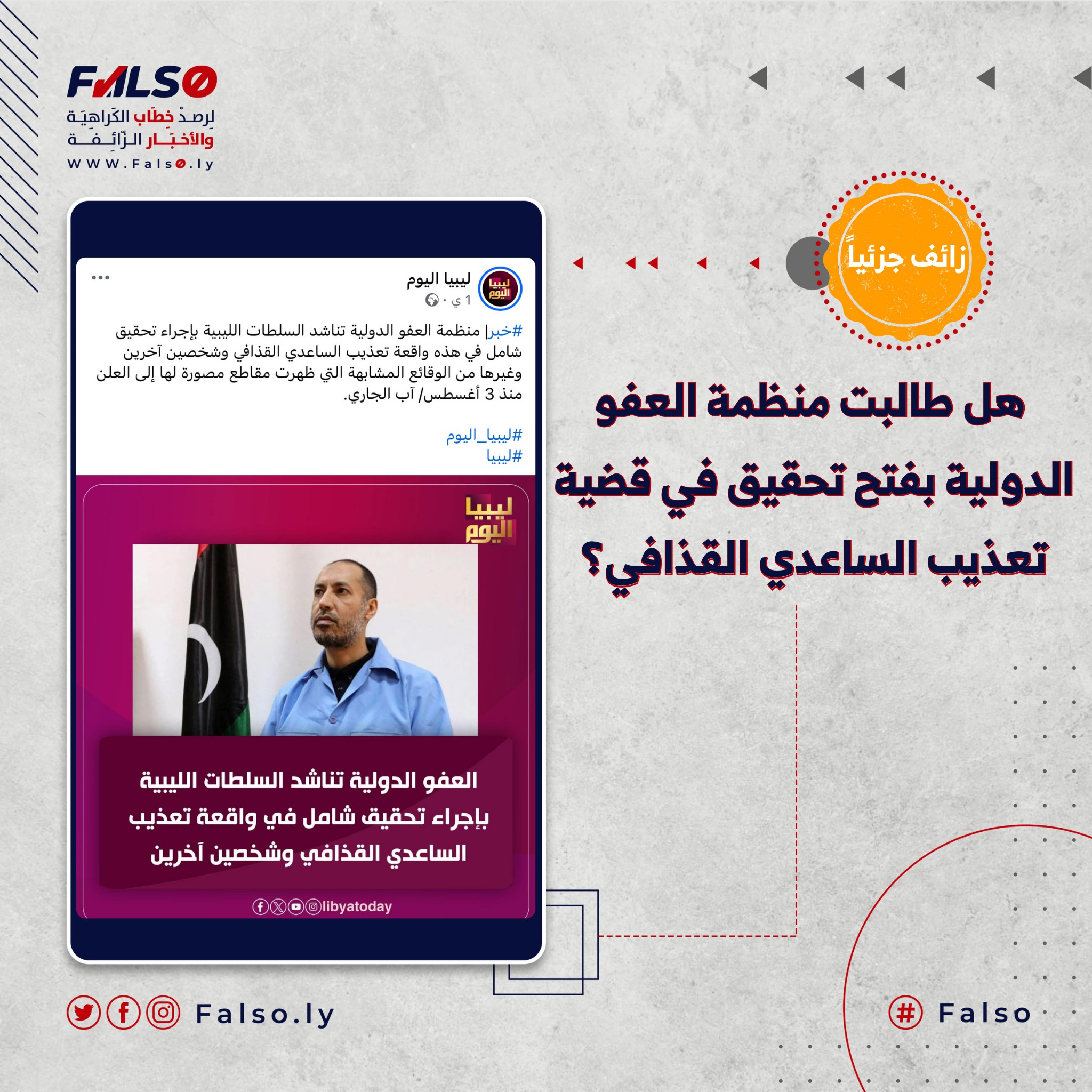 Image accompanying هل طالبت منظمة العفو الدولية بفتح تحقيق في قضية تعذيب الساعدي القذافي؟